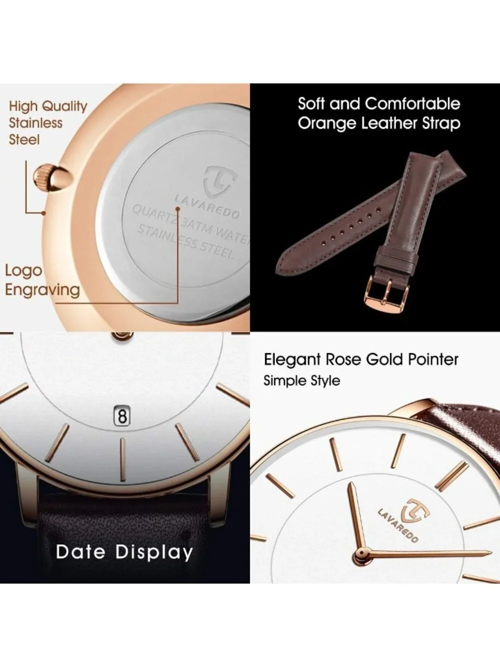 Men's Brown White Leather Strap Analog Minimalist Fashion Simple Wrist Watch
